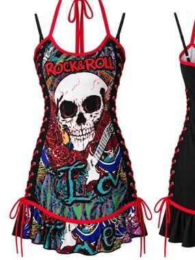 SHEIN Rock & Roll Skull Graphic Lace-Up Halter Mini Dress Size Small